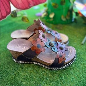 L'Artiste Floral Leather Wedge Sandals